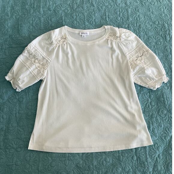 Hailey and Co Womens Lace Puff Sleeve Tee White Small - Picture 1 of 9